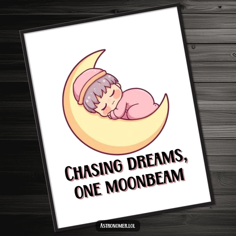 Funny Free Printable Wall Art: Sleepy Kawaii astronomer character peacefully napping on a glowing crescent moon.