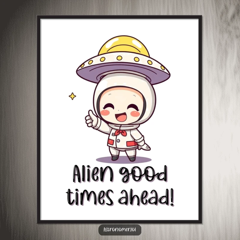 Funny Free Printable Wall Art: Character excitedly pointing at a flying saucer with a huge grin, celebrating alien contact.