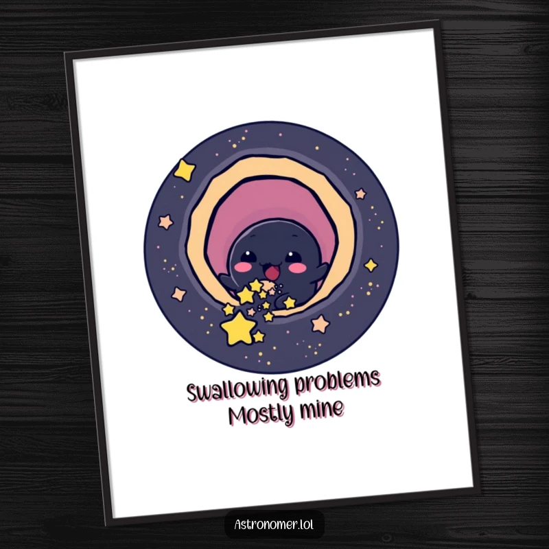 Funny Free Printable Wall Art: Cheerful black hole character playfully slurping small stars, perfect for downloadable decor.