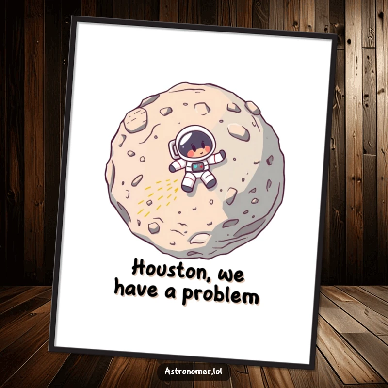 Funny Free Printable Wall Art: Cartoon astronaut comically crashing into a large asteroid, humorous space scene decor.