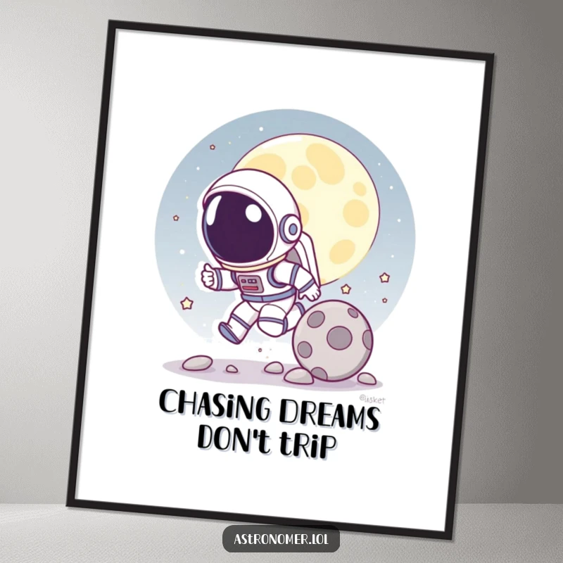 Funny Free Printable Wall Art: Cartoon astronaut playfully chasing a rolling moon rock, lighthearted space scene.