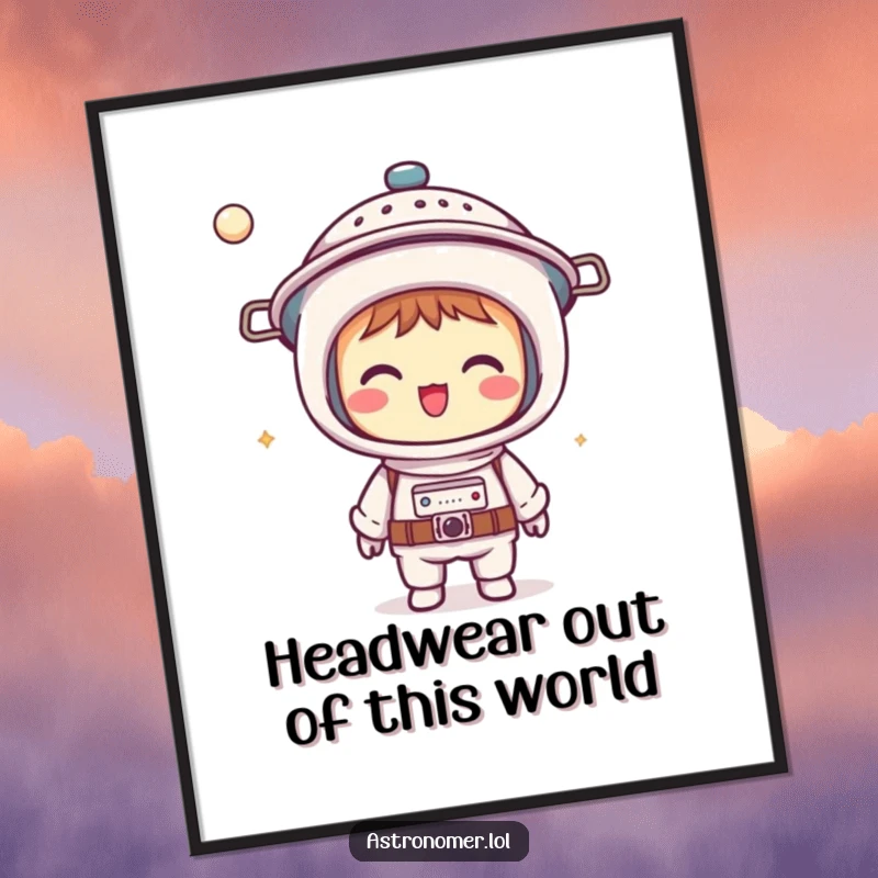 Funny Free Printable Wall Art: Giggling Kawaii astronomer wearing a colander as a helmet, bringing cosmic jollity to your wall.