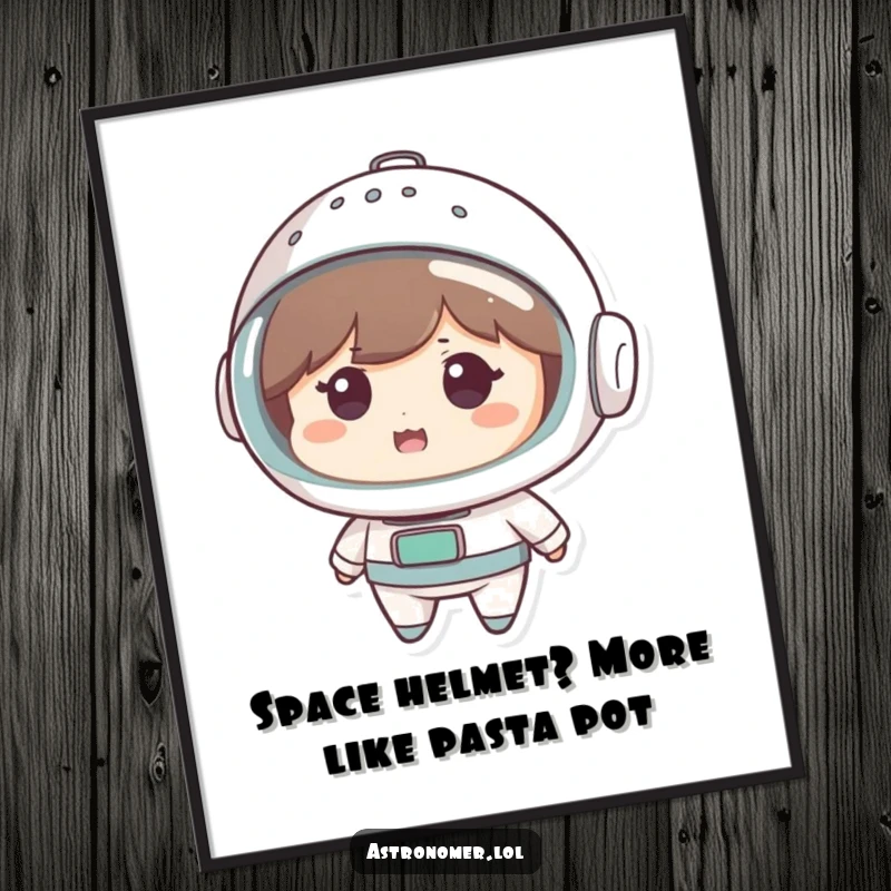 Funny Free Printable Wall Art: Cute character wears a colander as a space helmet, exuding an amused and playful cosmic vibe.