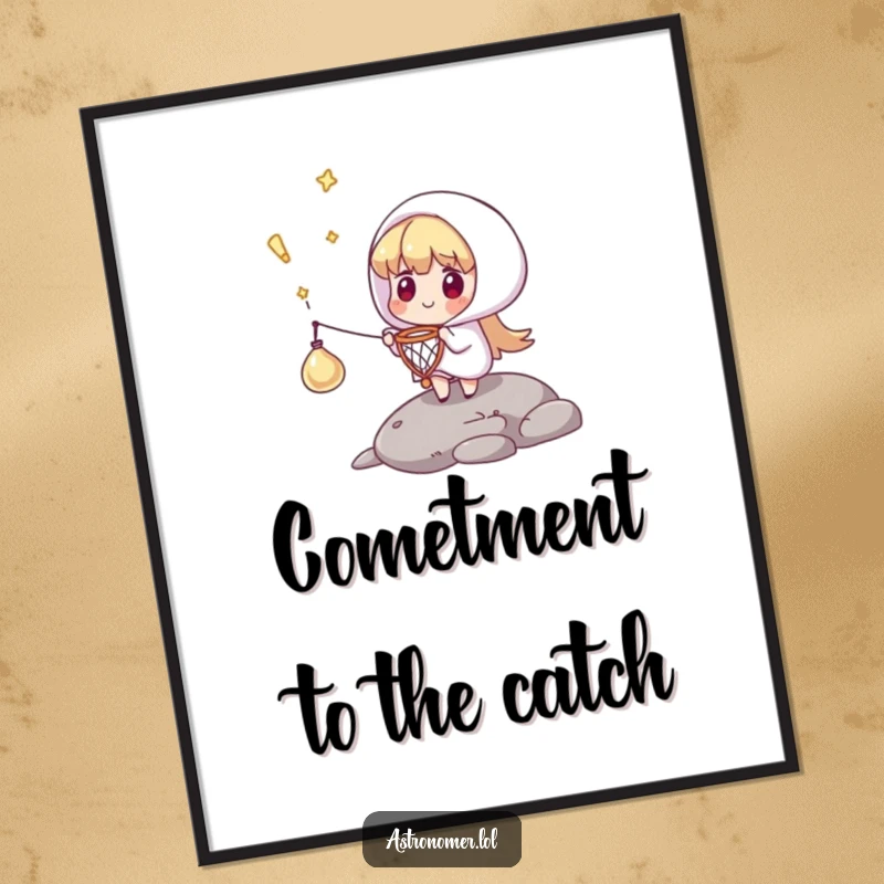 Funny free printable wall art illustrating a surprising character catching a falling comet with a tiny net, a whimsical celestial scene.