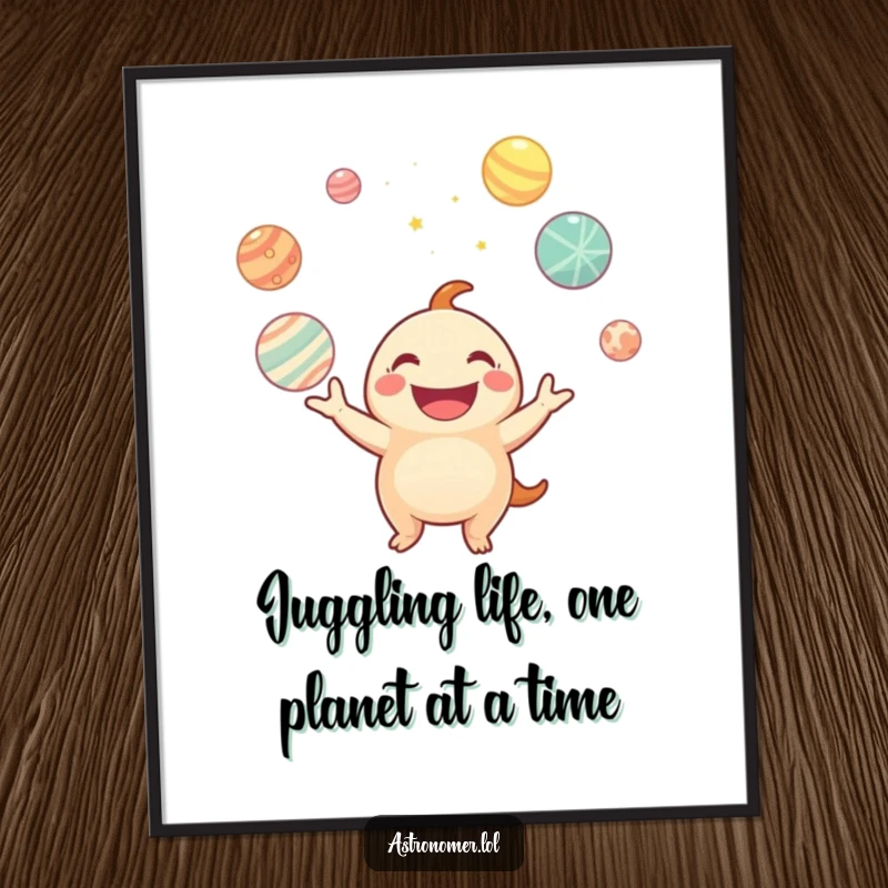 Funny Free Printable Wall Art: Whimsical creature joyfully juggles radiant planets with a massive, happy grin.