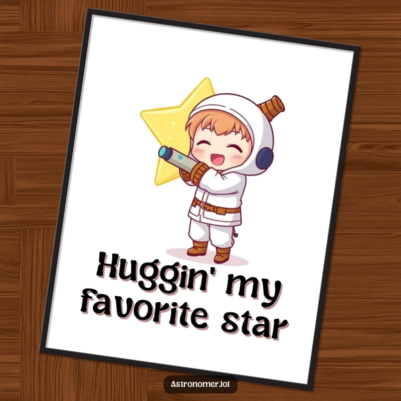 Funny Free Printable Wall Art: Delighted Kawaii astronomer character joyfully hugging a massive, glowing star.