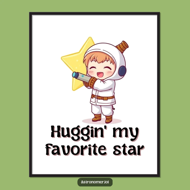 Free Printable Wall Art: Delighted Kawaii Astronomer Hugging Star Funny Downloadable Art for Your Home