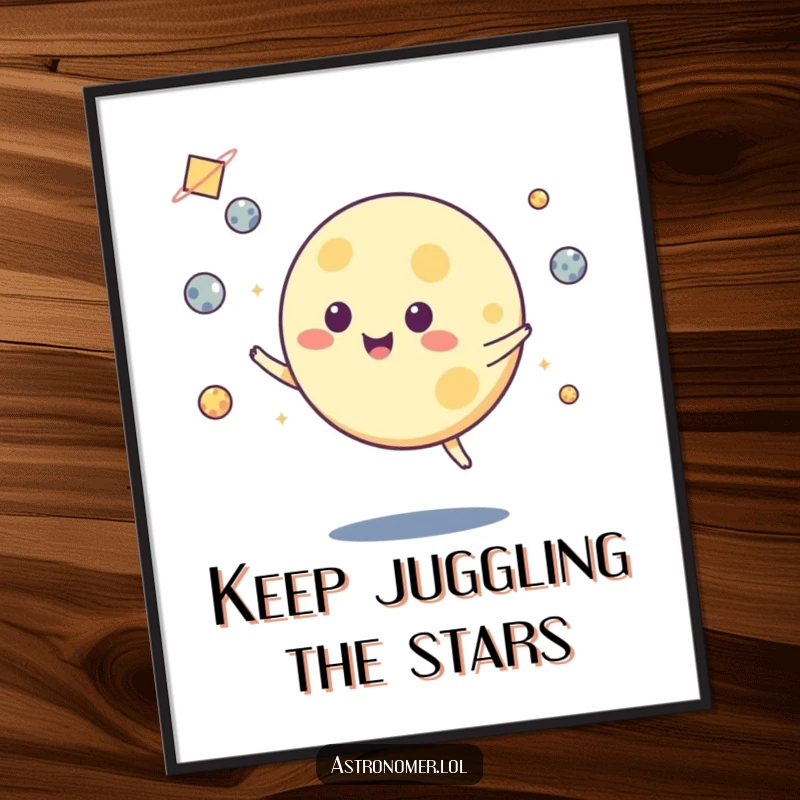 Funny Free Printable Wall Art: A playful moon character expertly juggling small asteroids against a starry backdrop, downloadable art.