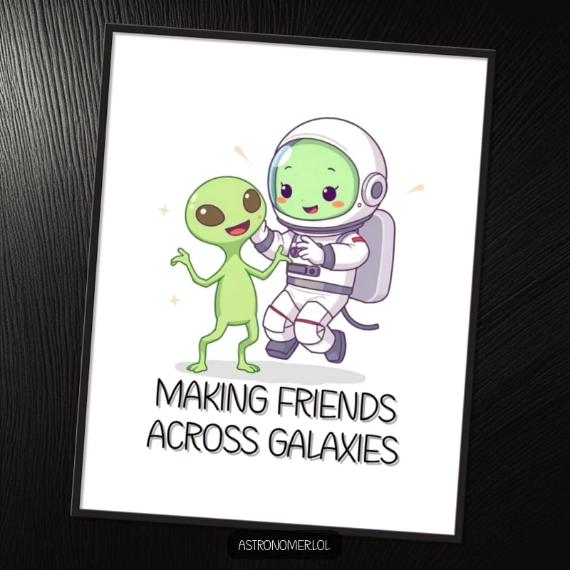 Funny Free Printable Wall Art: Cartoon astronaut and a friendly alien joyfully dancing together amidst stars and planets.