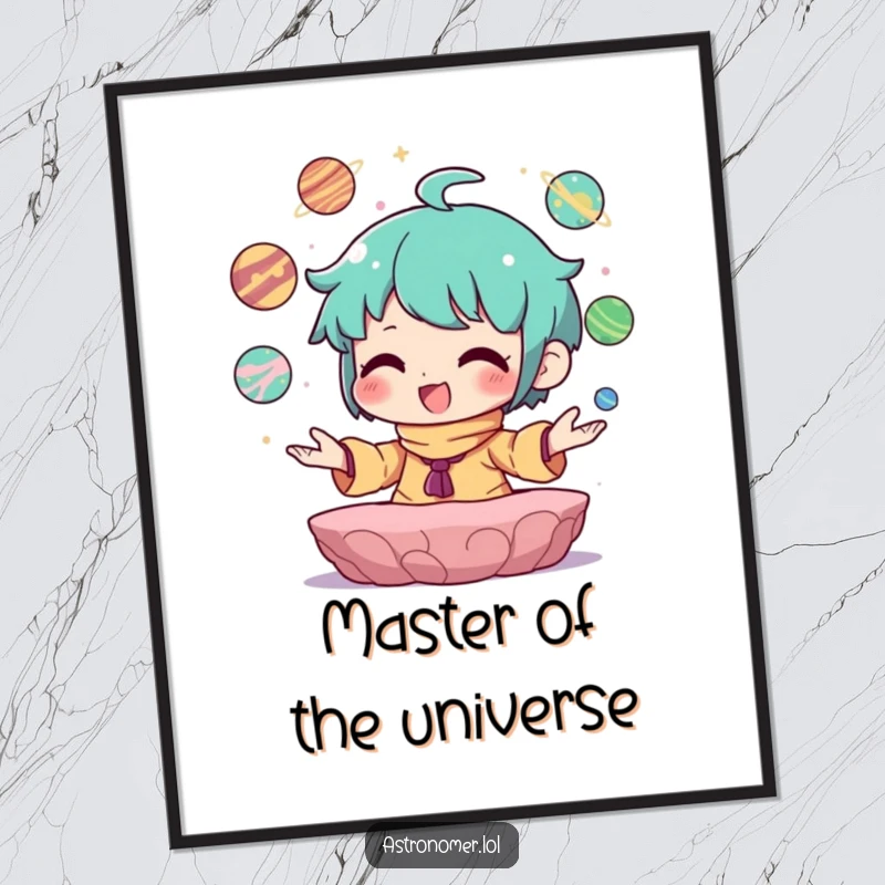 Funny Free Printable Wall Art: Character joyfully juggling small planets with an expression of pure bliss.