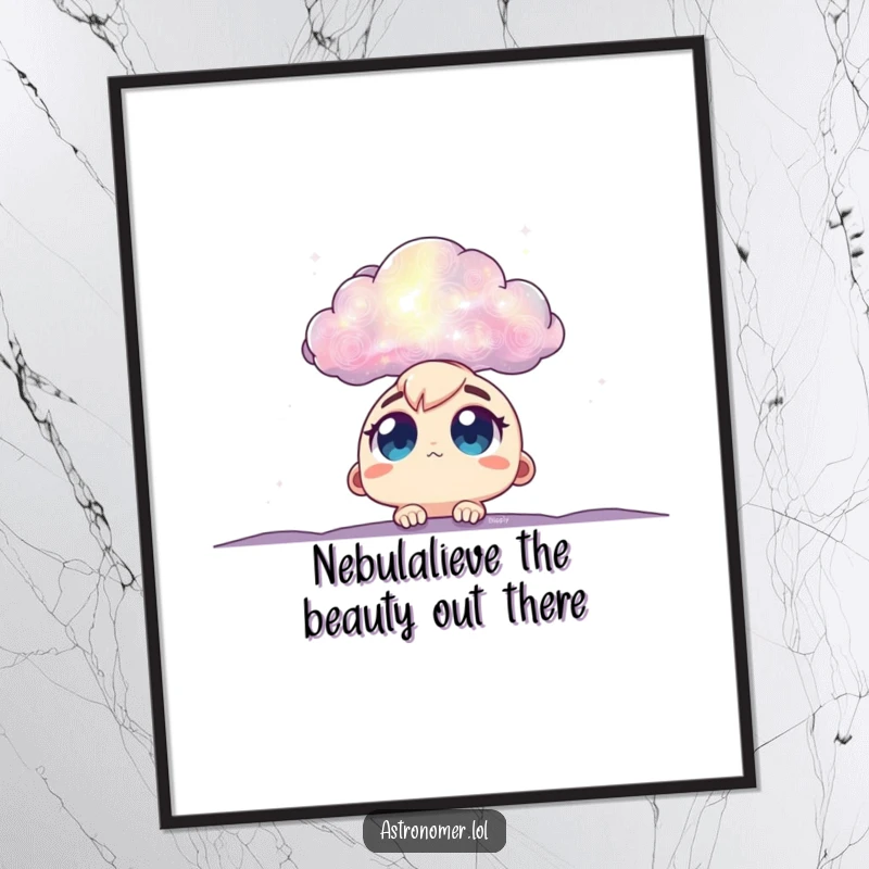 Funny Free Printable Wall Art: Character with huge eyes gazing in wonder at a beautifully detailed, colorful nebula.