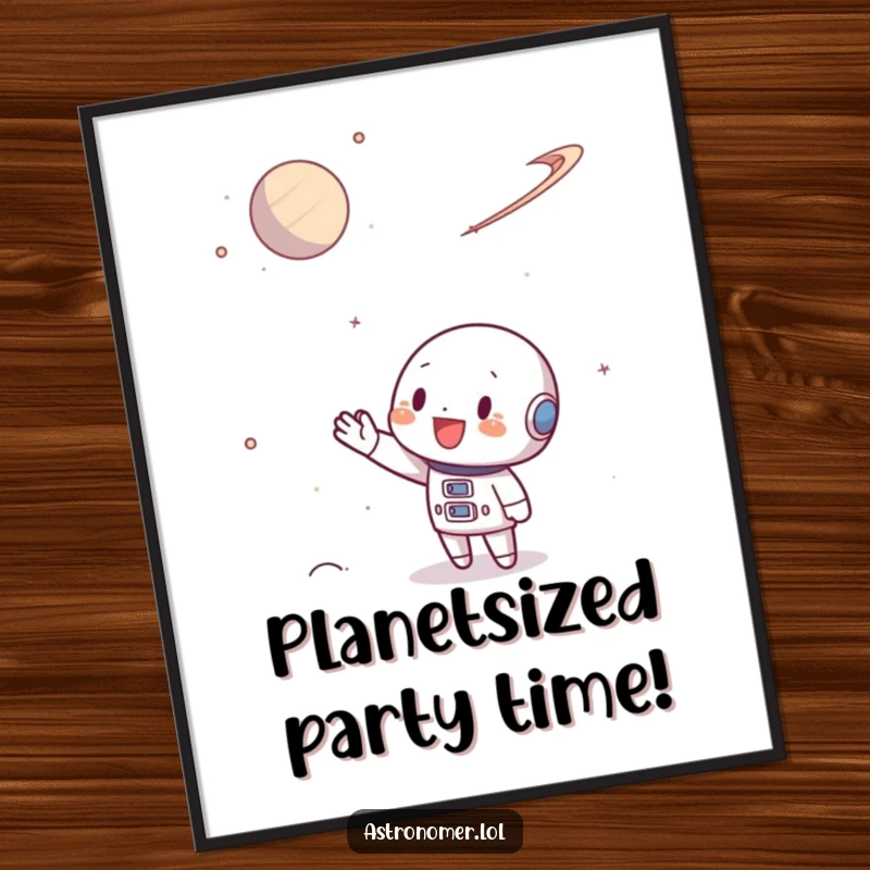 Funny Free Printable Wall Art: Character waving enthusiastically at a distant, colorful planet, a cheerful space scene.