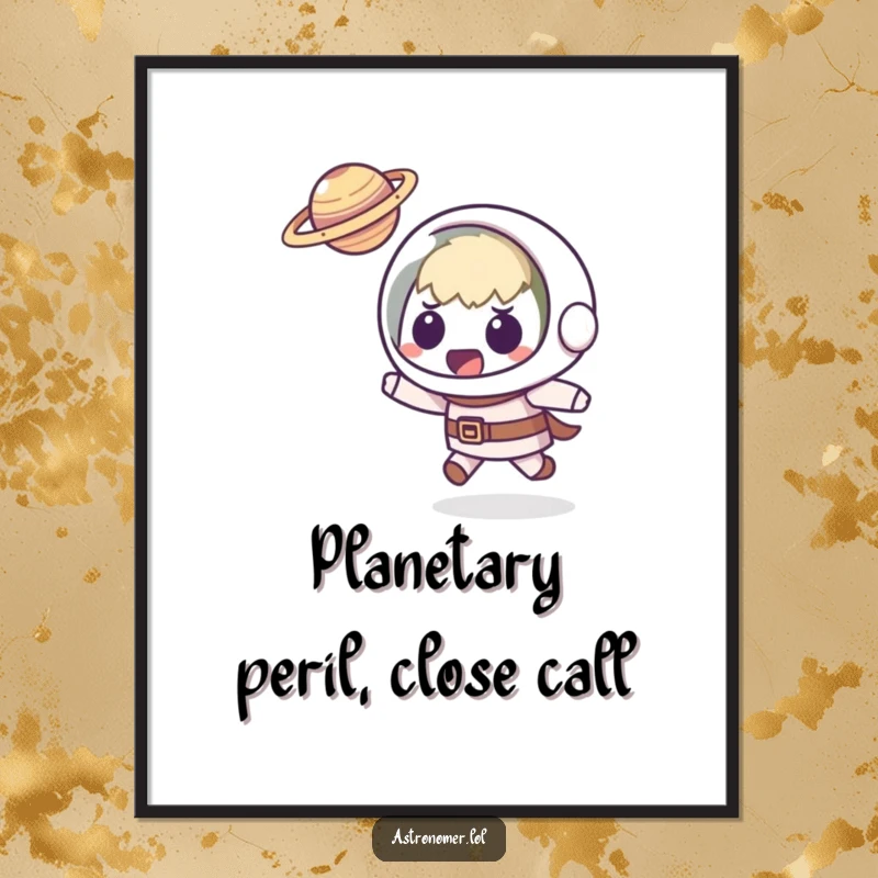 Funny Free Printable Wall Art: Kawaii astronomer startled, actively dodging a small, flying planet, adding playful chaos to your space.