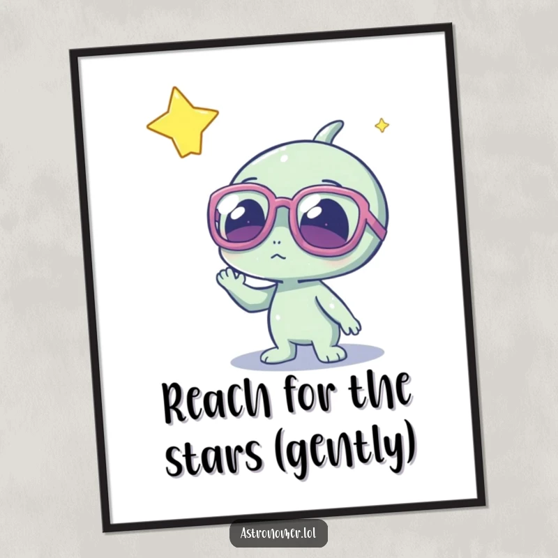 Funny Free Printable Wall Art: Cute alien wearing glasses looks at a glowing star, perfect for downloadable quirky decor.