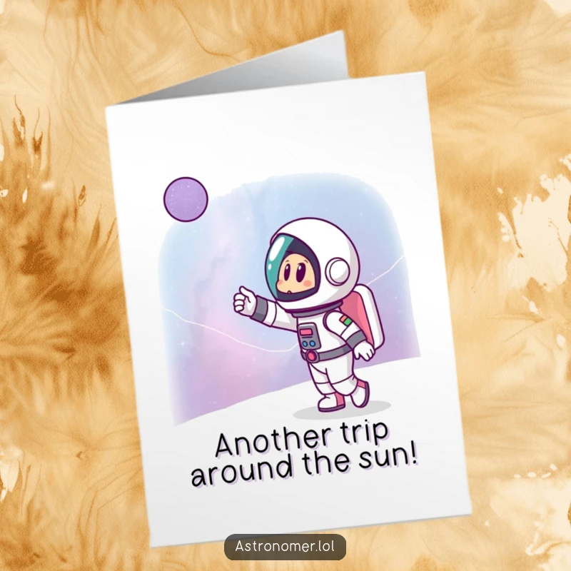 Funny Free Printable Birthday Card: Cartoon astronaut excitedly pointing at a far-off, twinkling galaxy, inspirational space art.