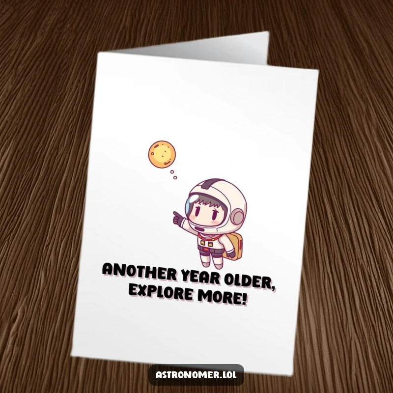Funny Free Printable Birthday Card: Space explorer in helmet playfully pointing at a distant, sparkling galaxy.