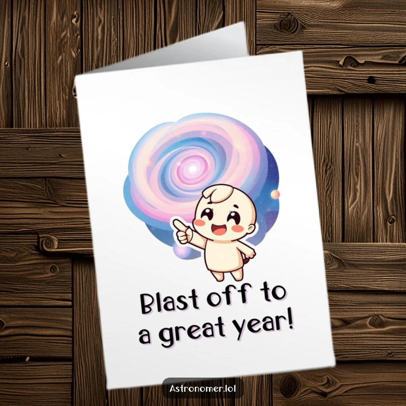 Funny Free Printable Birthday Card: an alien points excitedly at a vibrant, swirling galaxy with a huge smile.