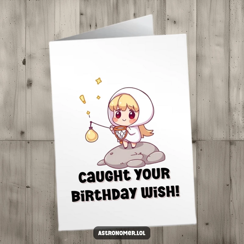 Funny free printable birthday card of a surprise character catching a falling comet with a small net, a humorous take on celestial events.