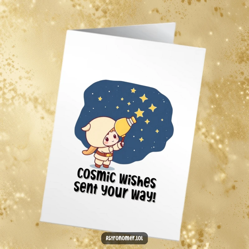 Funny Free Printable Birthday Card: Mischievous Kawaii astronomer character playfully painting stars onto a dark night sky.