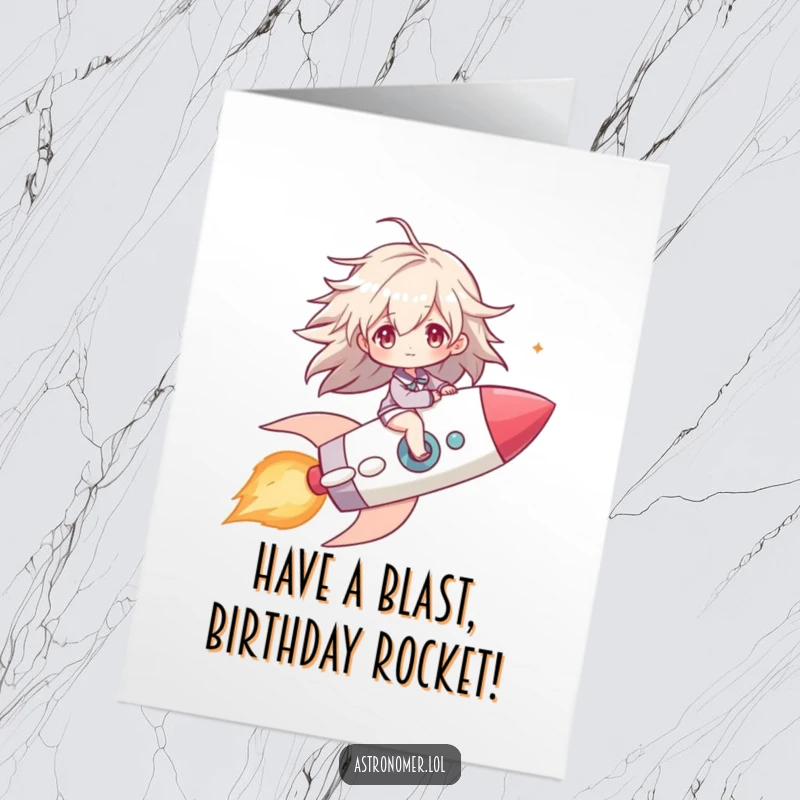 Funny Free Printable Birthday Card: Character joyfully riding a comet like a rocket, hair blowing, celebrating with cosmic speed, a download.