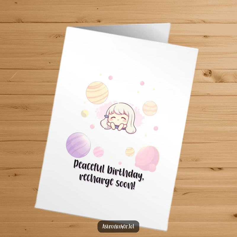 Funny Free Printable Birthday Card: an alien floats peacefully with closed eyes among glowing planets.