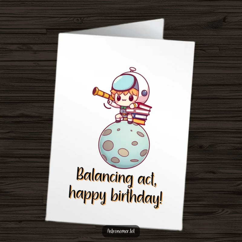Funny Free Printable Birthday Card: Determined Kawaii astronomer character struggling to balance books on a wobbly planet.