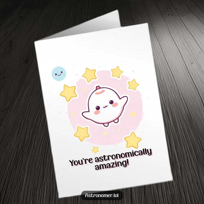 Funny Free Printable Birthday Card: Cute character blissfully floats in space amidst a sky of smiling cartoon stars.