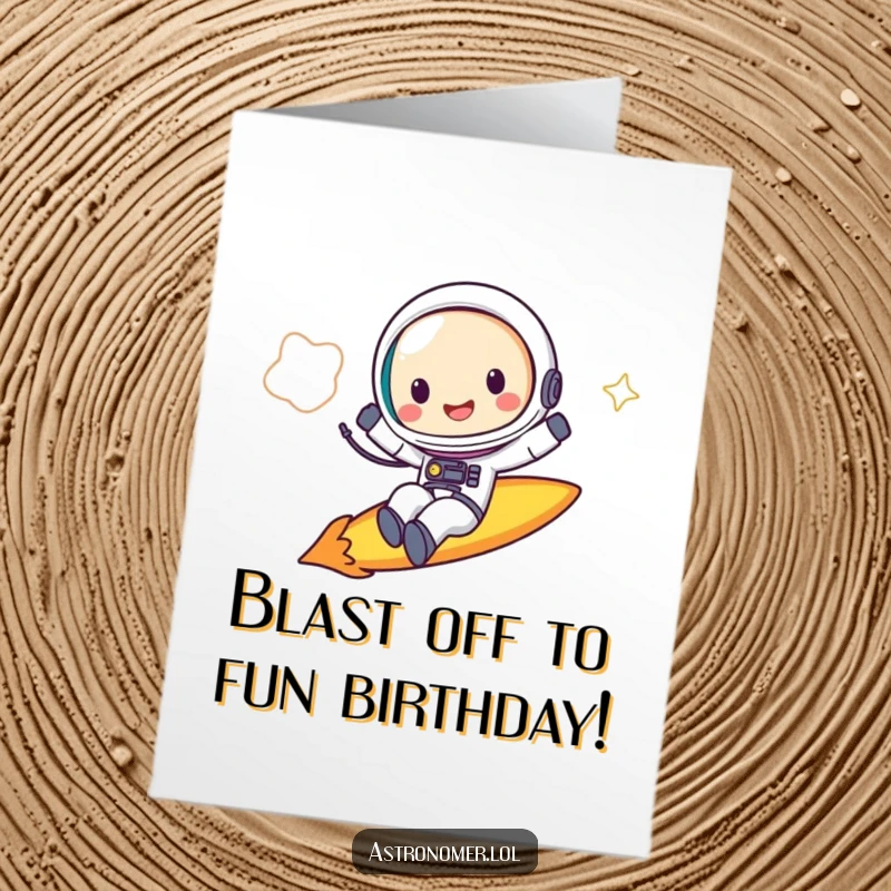 Funny Free Printable Birthday Card: Astronaut joyfully riding a comet with a huge grin, ready for liftoff.