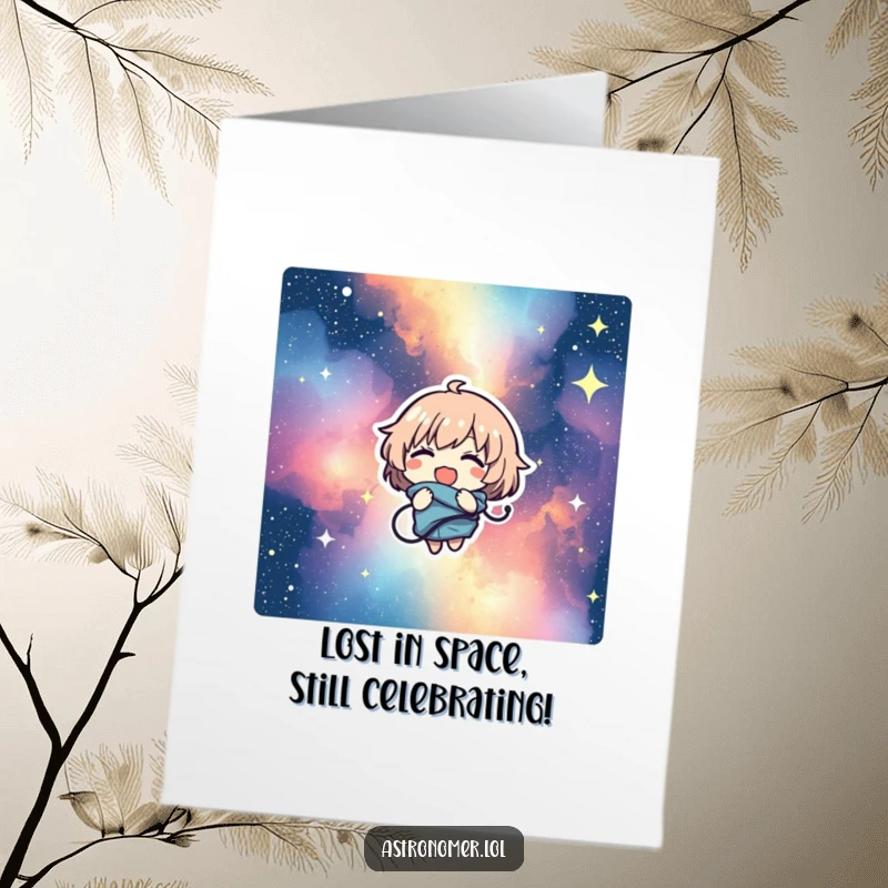 Funny Free Printable Birthday Card: Character tangled in a starry nebula, giggling with pure delight, ready for a party.