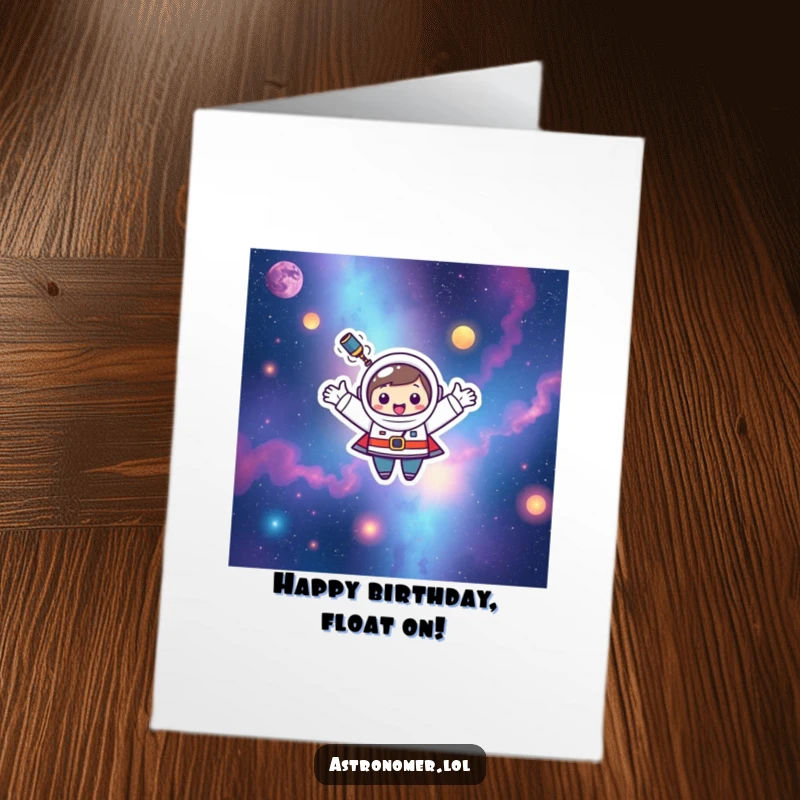 Funny Free Printable Birthday Card: Happy Kawaii astronomer character joyfully floating with open arms in colorful nebulae.