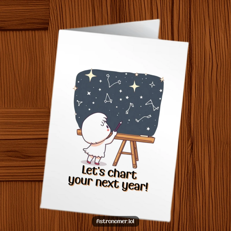 Funny Free Printable Birthday Card: Cute character enthusiastically draws constellations on a chalkboard floating in the vastness of space.
