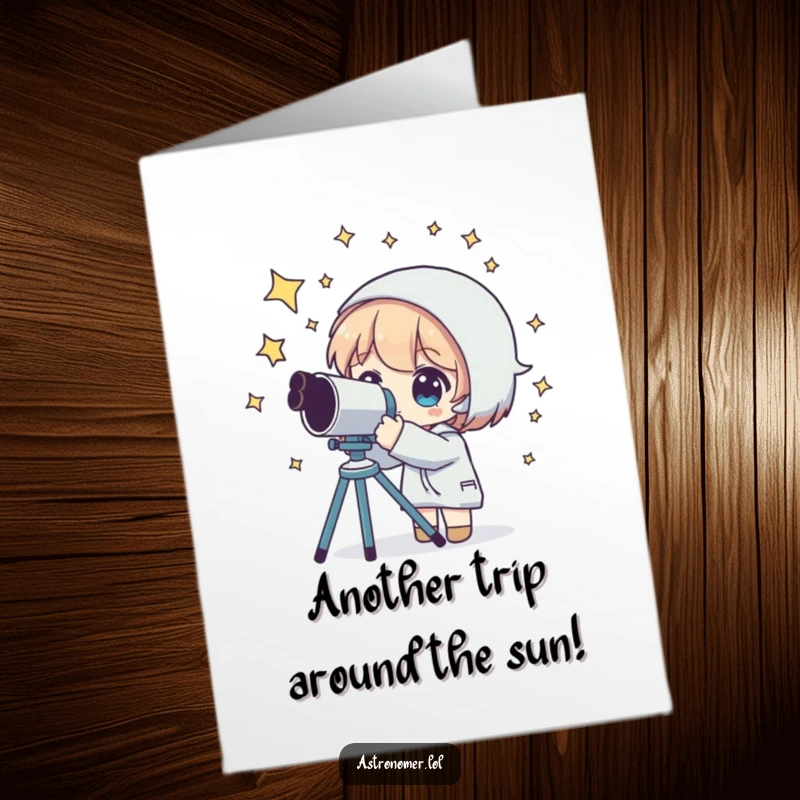 Funny Free Printable Birthday Card featuring a starry-eyed alien peering through a telescope at a celestial sky.