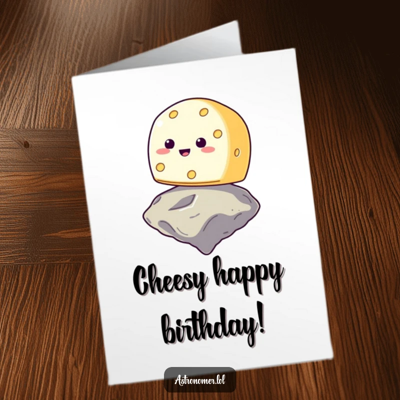 Funny Free Printable Birthday Card: Smiling cheese wheel precariously balancing on a floating asteroid, a cheesy space feat.