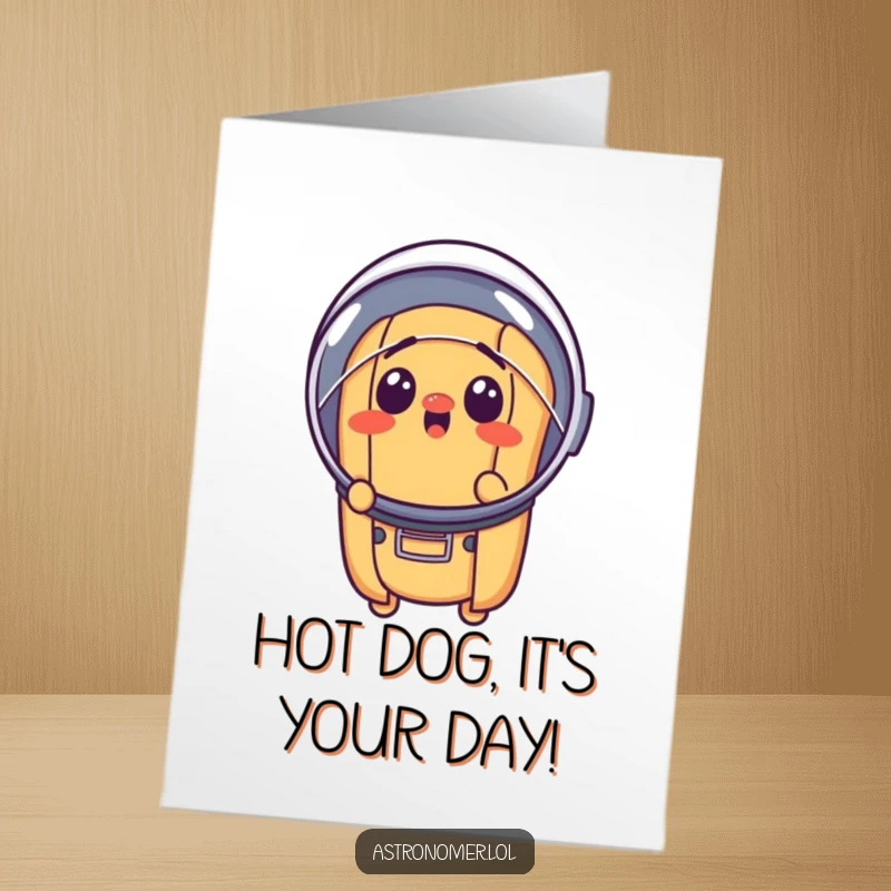 Funny Free Printable Birthday Card: Surprised hot dog wearing a comically small astronaut helmet, ready for liftoff.