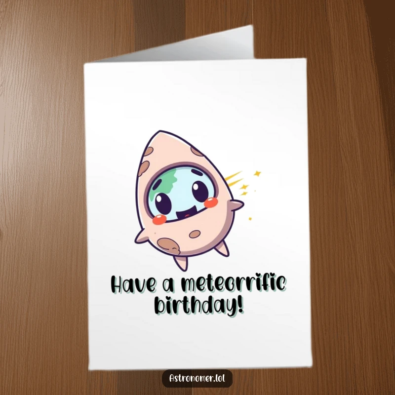 Funny Free Printable Birthday Card: Surprised meteorite with a grin zooms past Earth, ideal for a unique DIY card.
