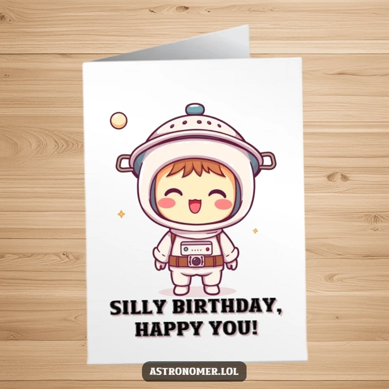 Funny Free Printable Birthday Card: Giggling Kawaii astronomer wearing a colander as a helmet, perfect for a quirky birthday wish.