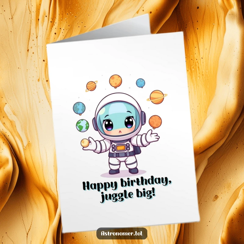 Funny Free Printable Birthday Card: Wide-eyed cartoon astronaut juggling miniature planet models in space with concentration.