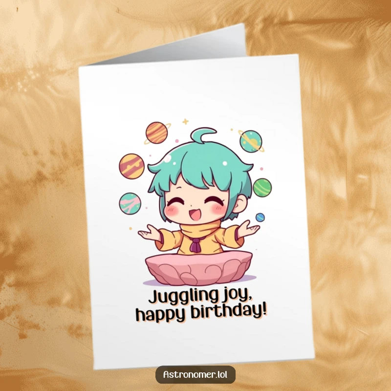 Funny Free Printable Birthday Card: Character joyfully juggling tiny planets with a look of pure delight.