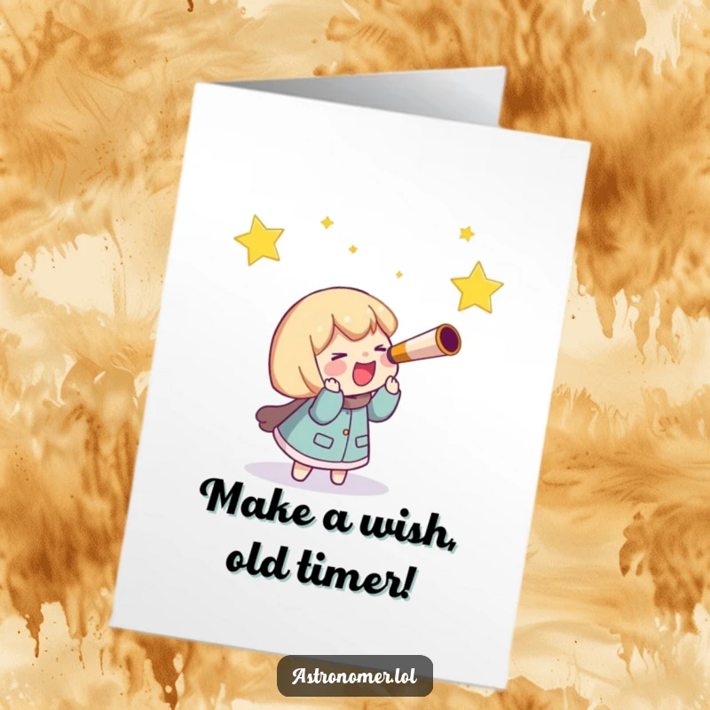 Funny Free Printable Birthday Card: Character with telescope giggling while hilariously chasing a shooting star across the night sky.