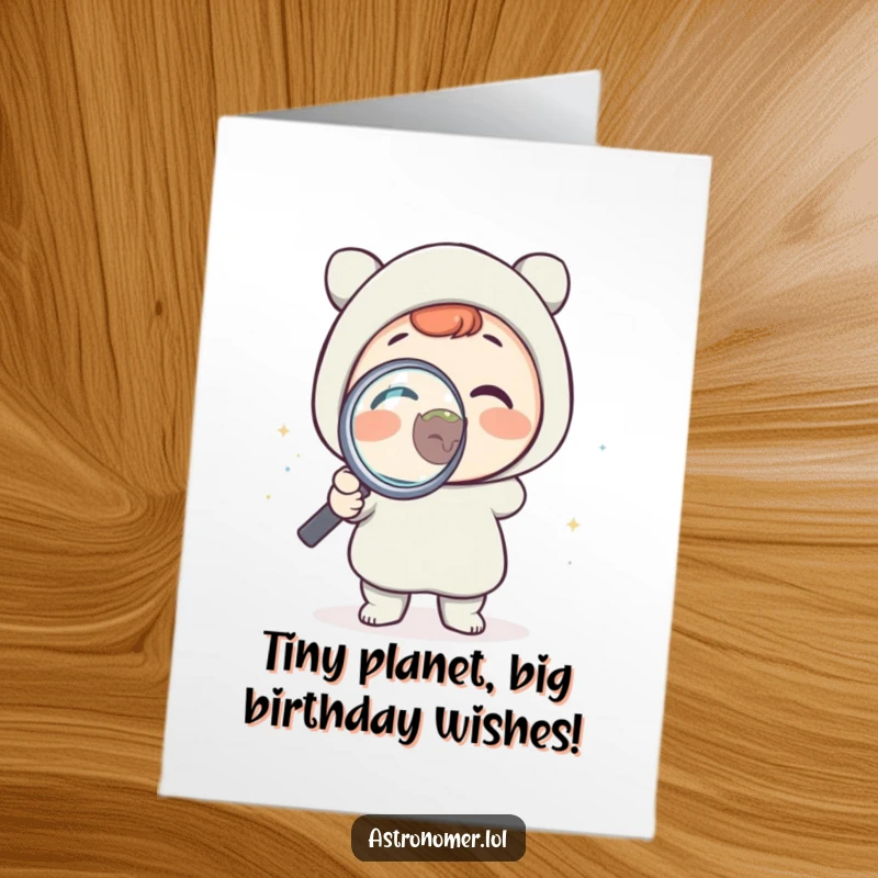 Funny Free Printable Birthday Card featuring a delighted alien with a magnifying glass examining a tiny planet.