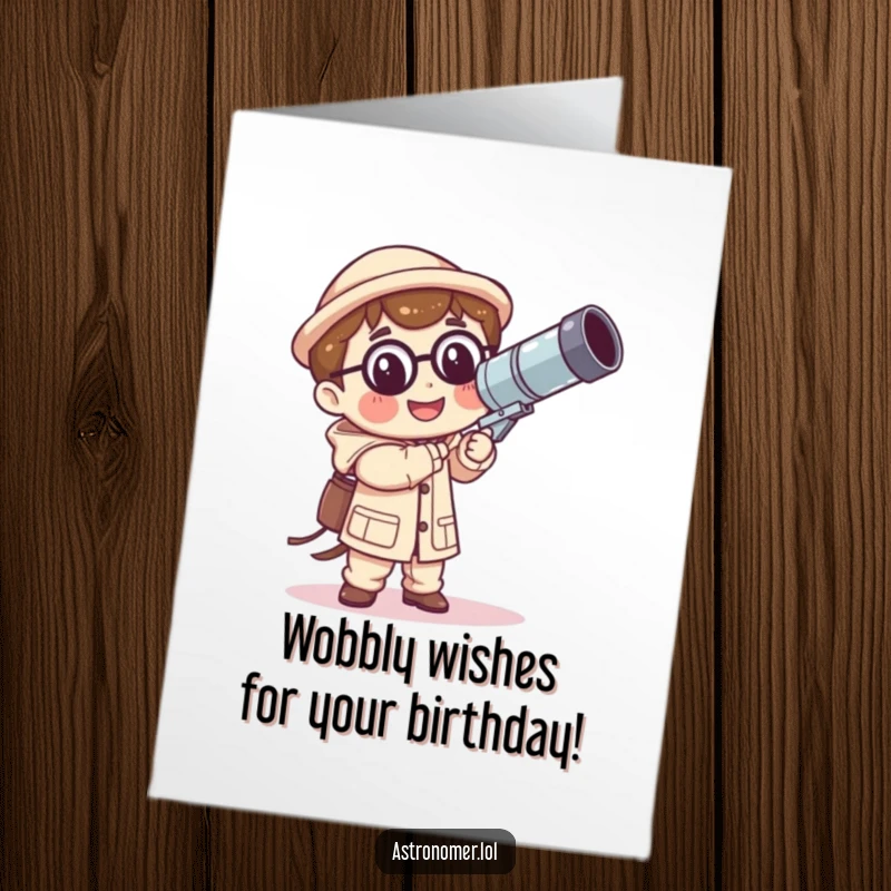Funny Free Printable Birthday Card: Kawaii astronomer smiling, holding a huge, wobbly telescope, perfect for a laugh.