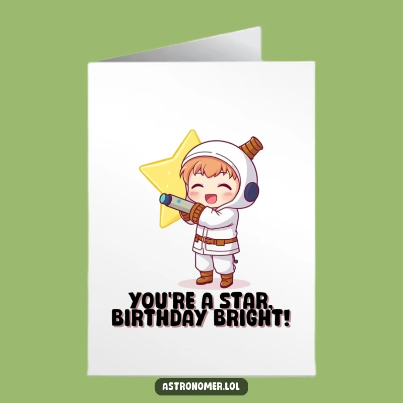 Free Printable Birthday Card: Delighted Kawaii Astronomer Hugging Star Funny Downloadable Art Gift