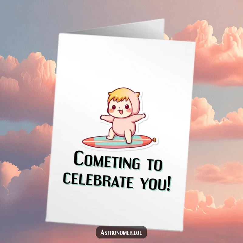 Funny Free Printable Congratulations Card: Character joyfully rides a comet like a surfboard, celebrating a speedy success.