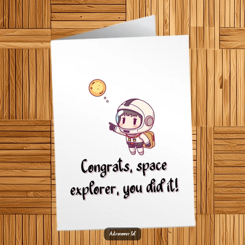 Funny Free Printable Congrats Card: Space explorer helmet pointing to a galaxy, celebrating a great achievement.