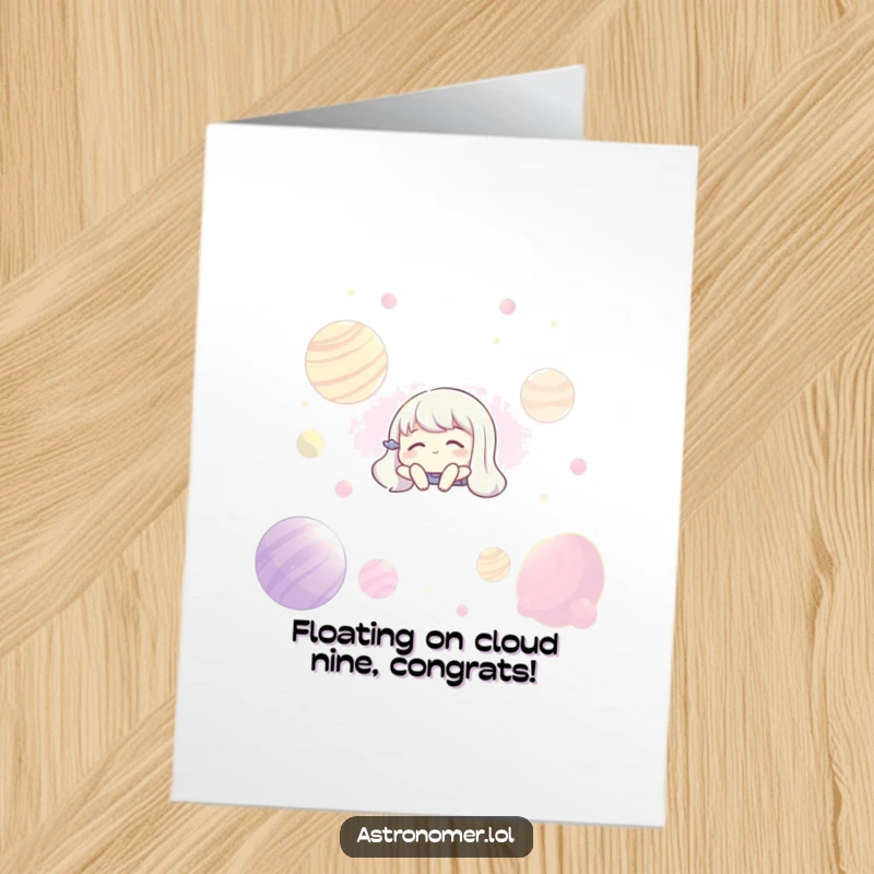 Funny Free Printable Congratulations Card: an alien floats serenely with closed eyes amidst glowing planets.