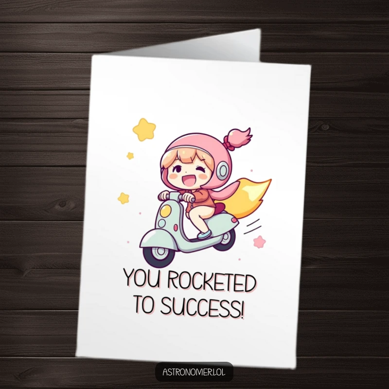 Funny Free Printable Congratulations Card: Joyful character humorously riding a comet like a scooter to celebrate achievements.