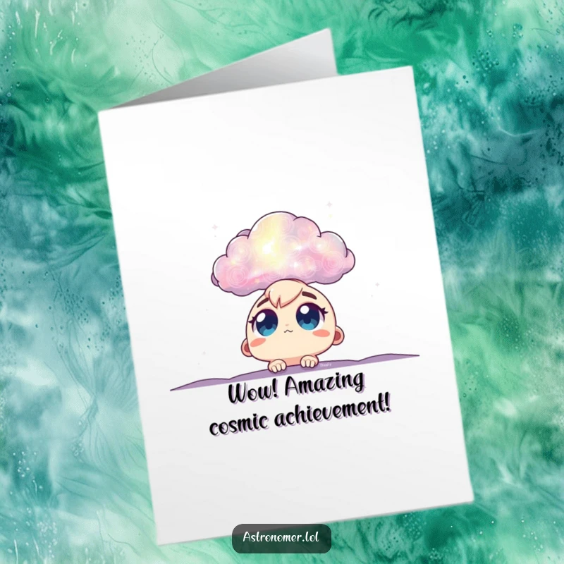 Funny Free Printable Congrats Card: Character with big eyes gazing up at a breathtaking nebula, celebrating success.
