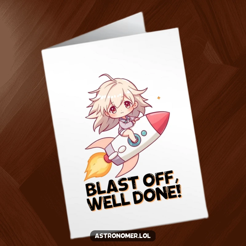 Free Printable Congratulations Card: Person zooming on a comet, akin to a rocket, hair flying, celebrating victory with cosmic flair.