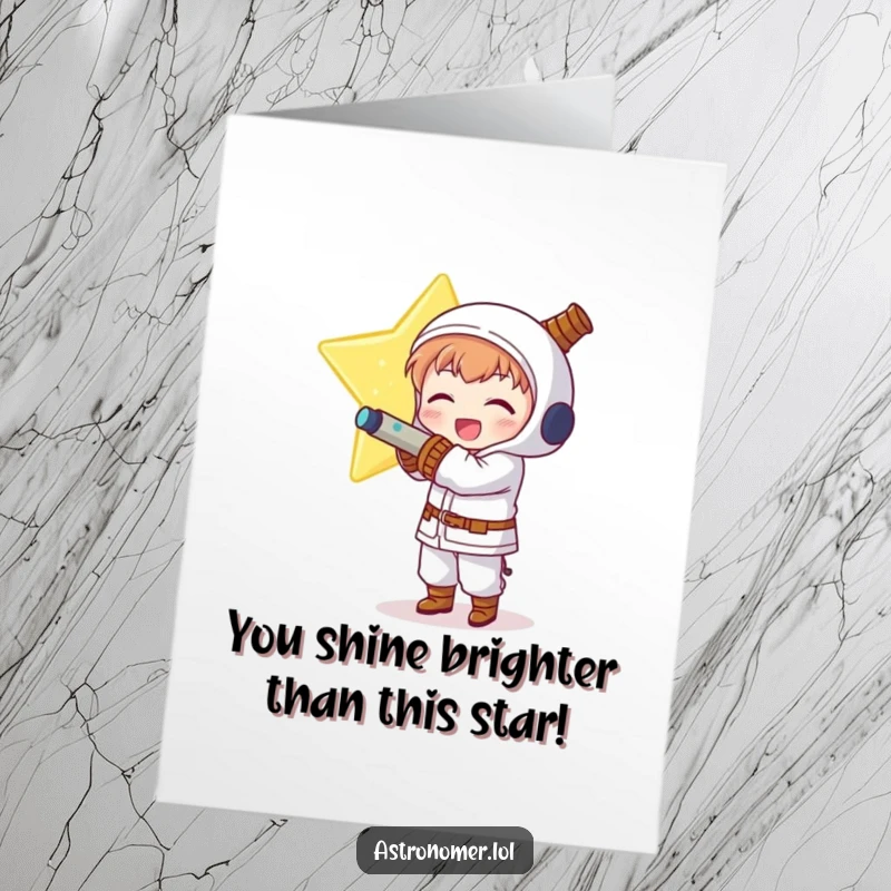 Funny Free Printable Congratulations Card: Delighted Kawaii astronomer character joyfully hugging a massive, glowing star.