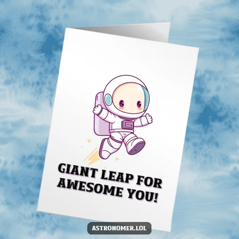 Funny Free Printable Congratulations Card: Character wears oversized boots and takes a giant leap, symbolizing a huge accomplishment.